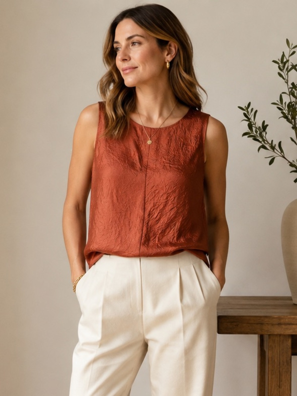 Vince Crinkle Satin Sleeveless Blouse Tank Rust Brown S